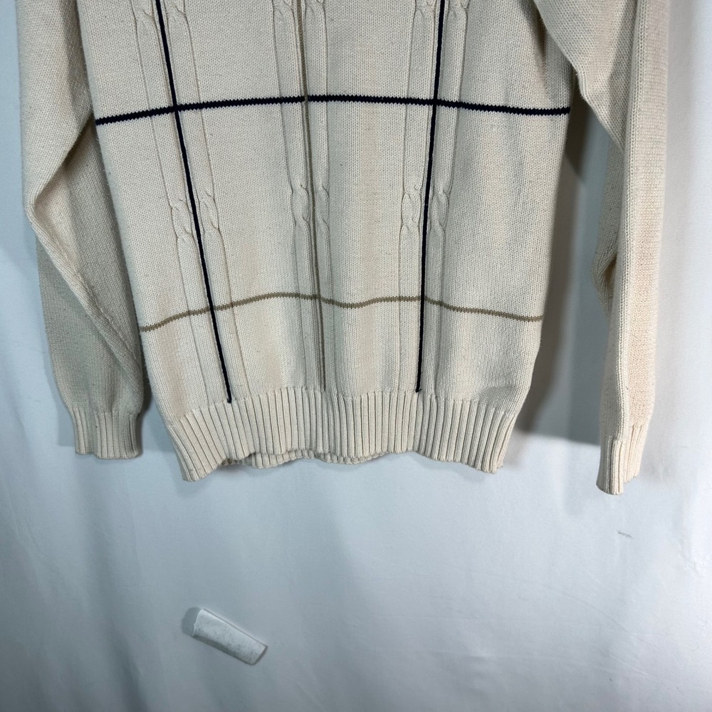 Haggar Mens Cream Cable Knit Plaid Crewneck Sweater M Medium - Picture 4 of 8